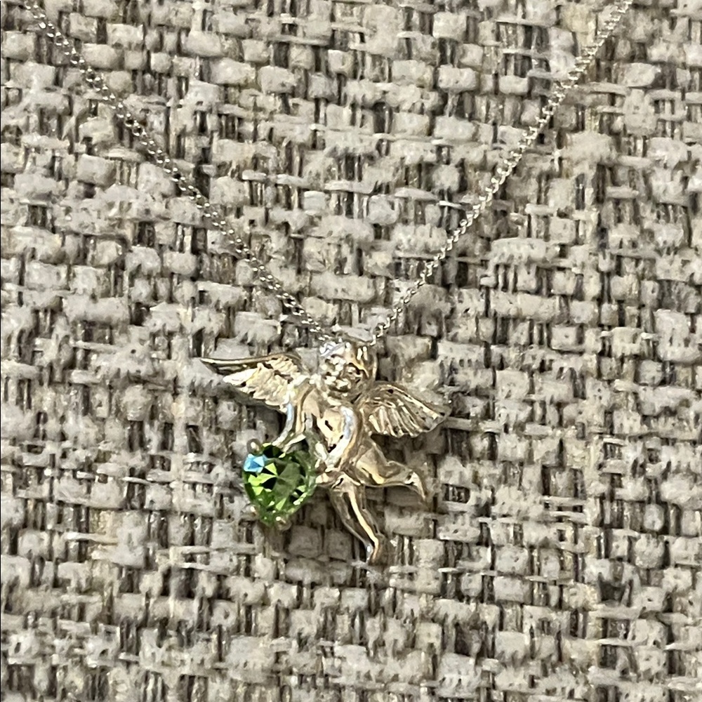 Sterling Silver Angel Pendant Necklace with‎ Peridot Heart
